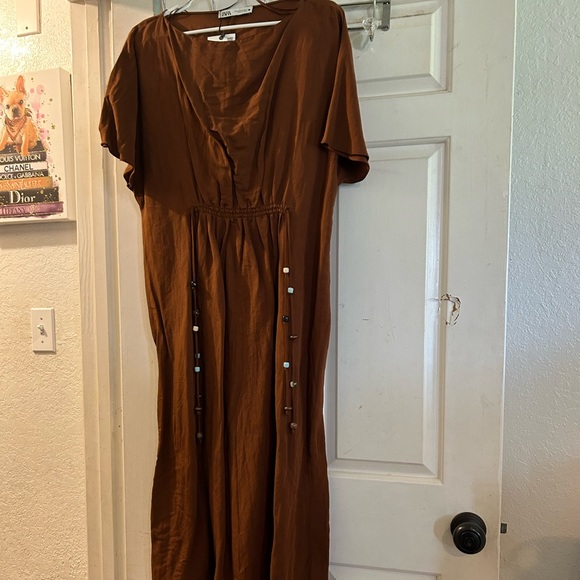 Zara Dresses & Skirts - Zara Brown Short-Sleeve Drawstring Maxi Dress with Bead Accents